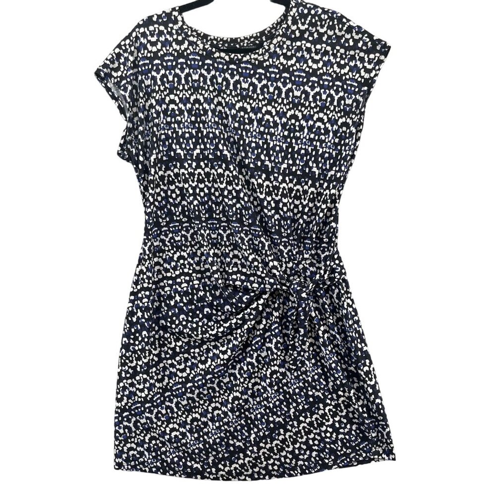 Nicole Miller Original Knot Dress Blue Black White Spots Cap Sleeve Sheath Sz L